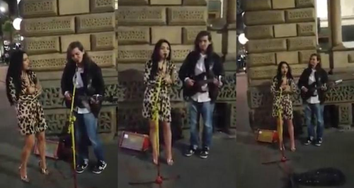 Incredible Moment Girl On A Night Out Joins Busker